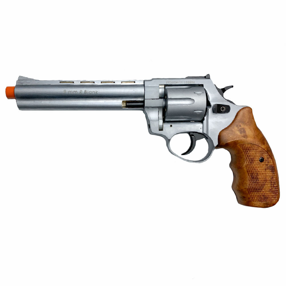 Zoraki R1 Silver 6" Barrel - Front Firing Blank Gun Revolver Wood Grips - Tophatter's Inc. Weapons Store Online Collectible Weapons - Tophatter Daily Deals