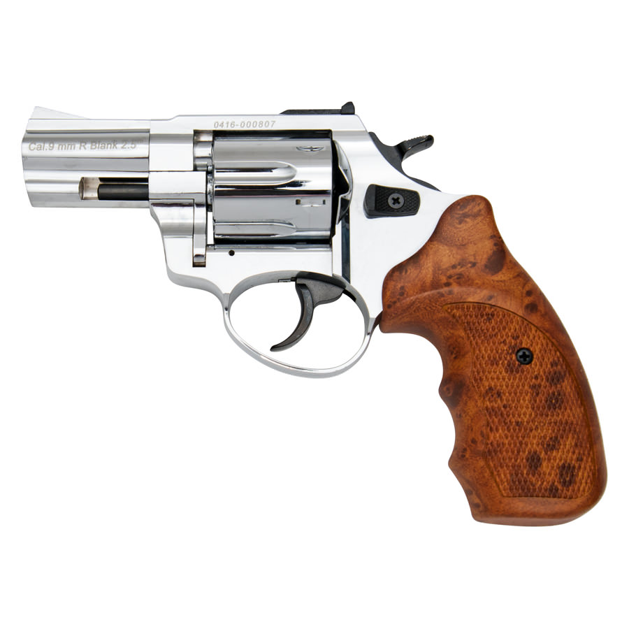 Stalker R1 2.5" Barrel Revolver Chrome Finish Simulated Wood Grips - 9mm Blank Gun - Tophatter's Guns'N'Weapons Store Collectible Weapons - Tophatter Daily Deals