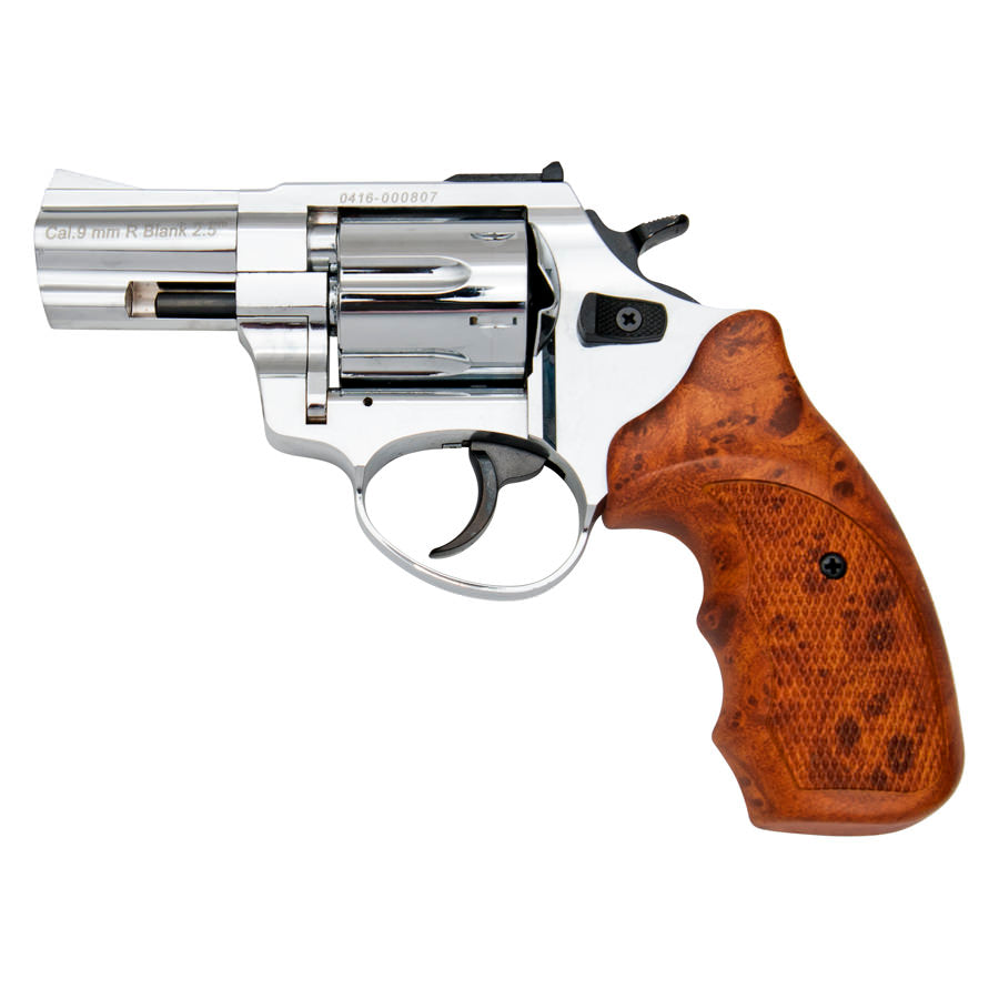 Stalker R1 2.5" Barrel Revolver Chrome Finish Simulated Wood Grips - 9mm Blank Gun - Tophatter's Inc. Weapons Store Online Collectible Weapons - Tophatter Daily Deals