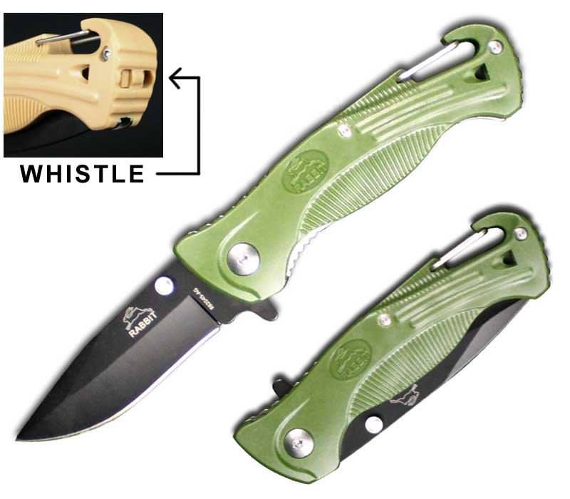 Green Rescue Spring Assist Folding Knife With Whistle and Belt Hook - Tophatter's Guns'N'Weapons Store Collectible Weapons - Tophatter Daily Deals