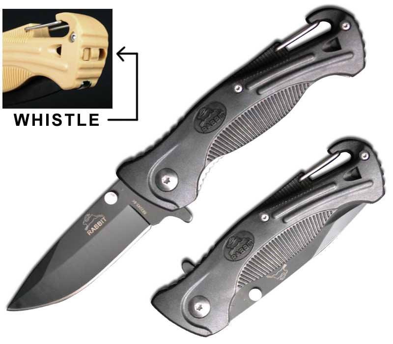 Black Rescue Spring Assist Folding Knife With Whistle and Belt Hook Collectible Weapons - Tophatter Daily Deals