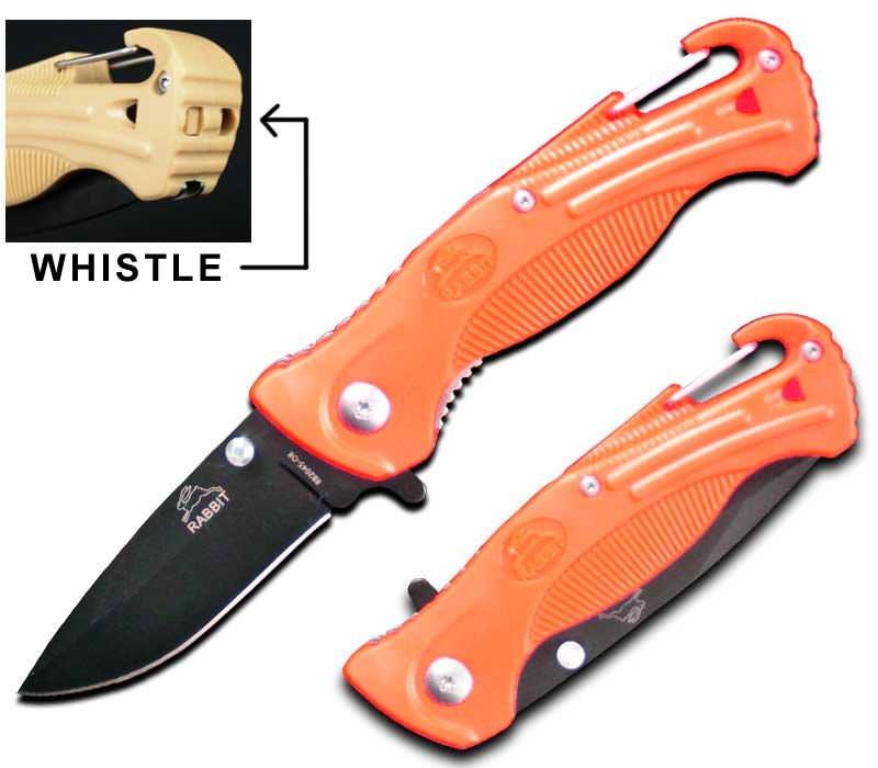 Orange Rescue Spring Assist Folding Knife With Whistle and Belt Hook - TOPHATTER'S ARMORY DEALS Collectible Weapons - Tophatter Daily Deals