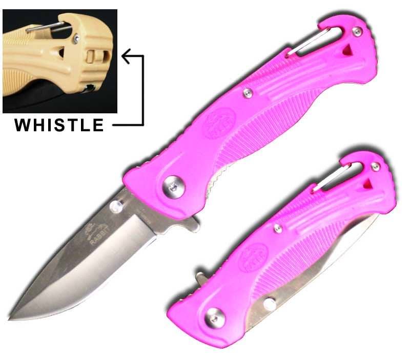 Pink Rescue Spring Assist Folding Knife With Whistle and Belt Hook - Tophatter's Guns'N'Weapons Store Collectible Weapons - Tophatter Daily Deals