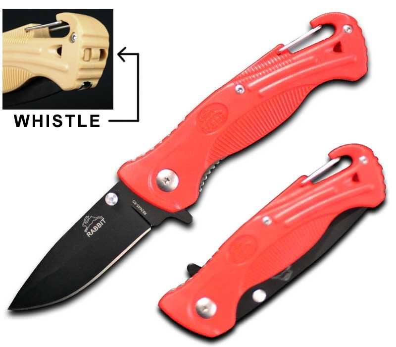 Red Rescue Spring Assist Folding Knife With Whistle and Belt Hook - TOPHATTER'S ARMORY DEALS Collectible Weapons - Tophatter Daily Deals