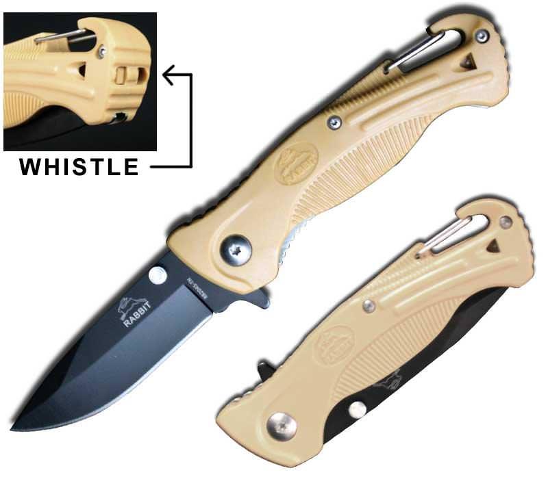 Tan Handle Rescue Spring Assist Folding Knife With Whistle and Belt Hook - TOPHATTER'S ARMORY DEALS Collectible Weapons - Tophatter Daily Deals