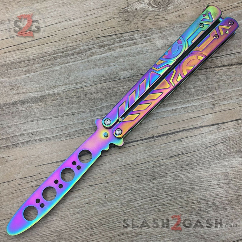 Hieroglyphic Rainbow Training Butterfly Knife Dull w/ Spring Latch Knife-Balisong - Tophatter Daily Deals