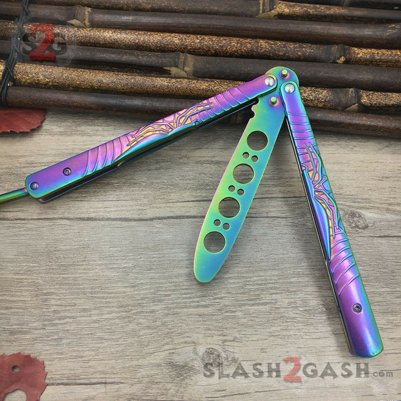 Spider Butterfly Knife Blue Titanium TRAINER Dull Balisong w/ Spring Latch Rainbow Knife-Balisong - Tophatter Daily Deals