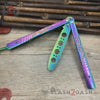 Spider Butterfly Knife Blue Titanium TRAINER Dull Balisong w/ Spring Latch Rainbow Knife-Balisong - Tophatter Daily Deals