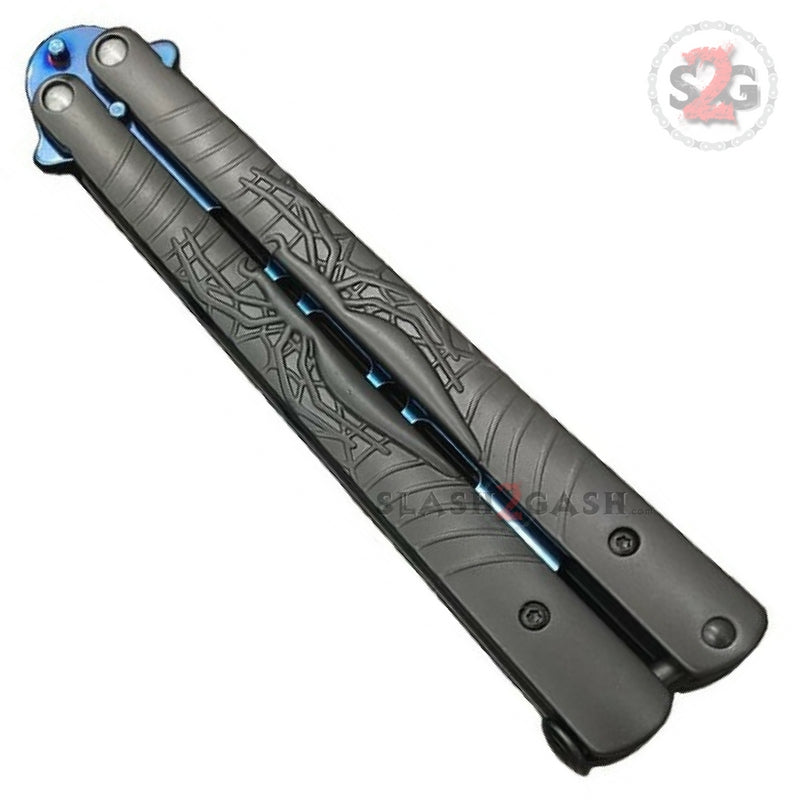Spider Butterfly Knife Blue Titanium TRAINER Dull Balisong w/ Spring Latch Knife-Balisong - Tophatter Daily Deals