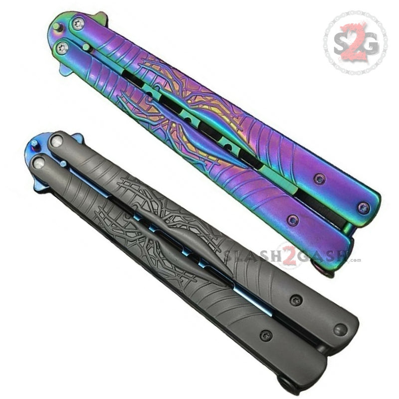 Spider Butterfly Knife Blue Titanium TRAINER Dull Balisong w/ Spring Latch Knife-Balisong - Tophatter Daily Deals