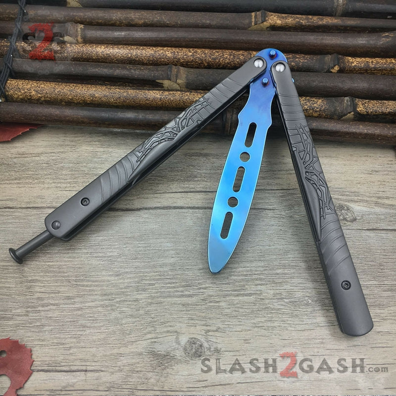 Spider Butterfly Knife Blue Titanium TRAINER Dull Balisong w/ Spring Latch Blue Knife-Balisong - Tophatter Daily Deals