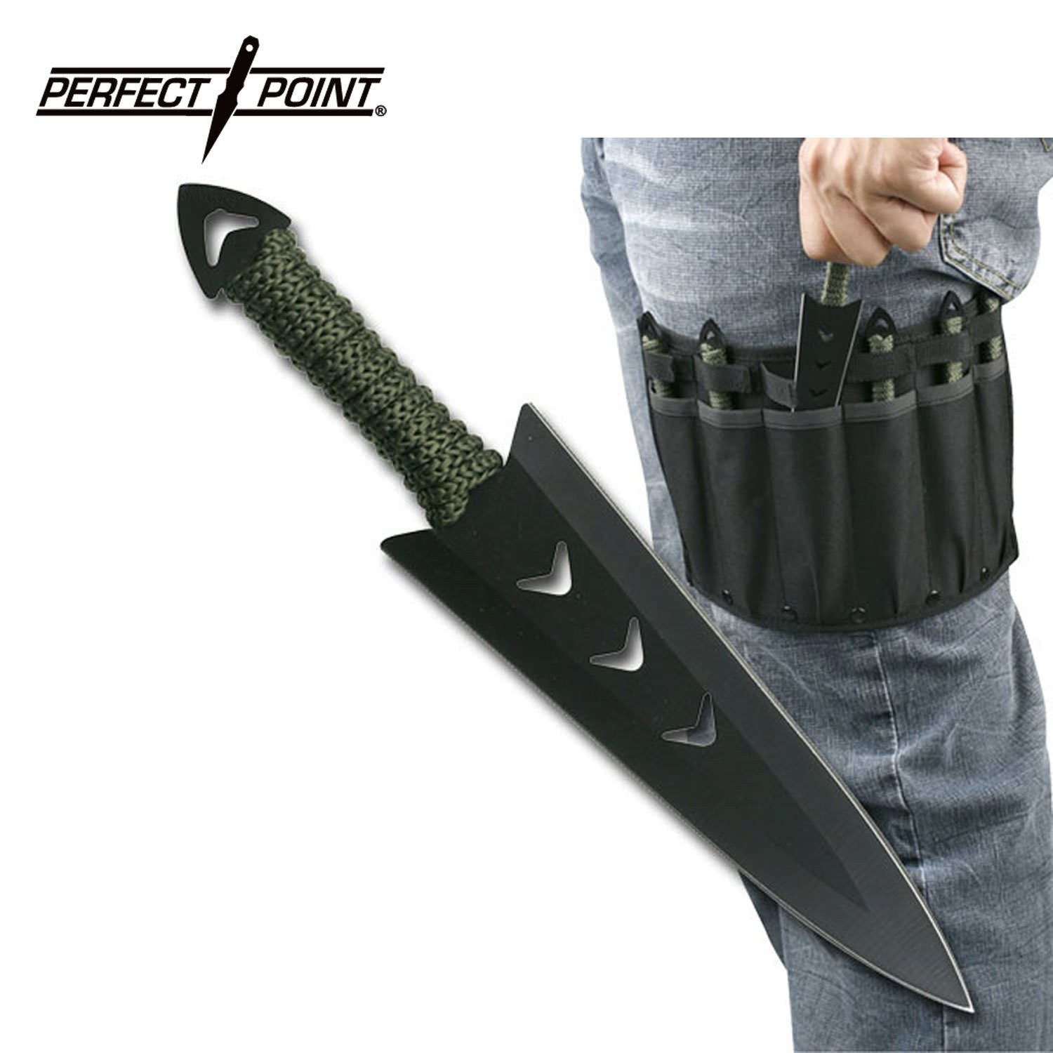 Throwing Knife Set with Six Knives, Black Blades, Green Cord-Wrapped Handles - Tophatter's Guns'N'Weapons Store Collectible Weapons - Tophatter Daily Deals