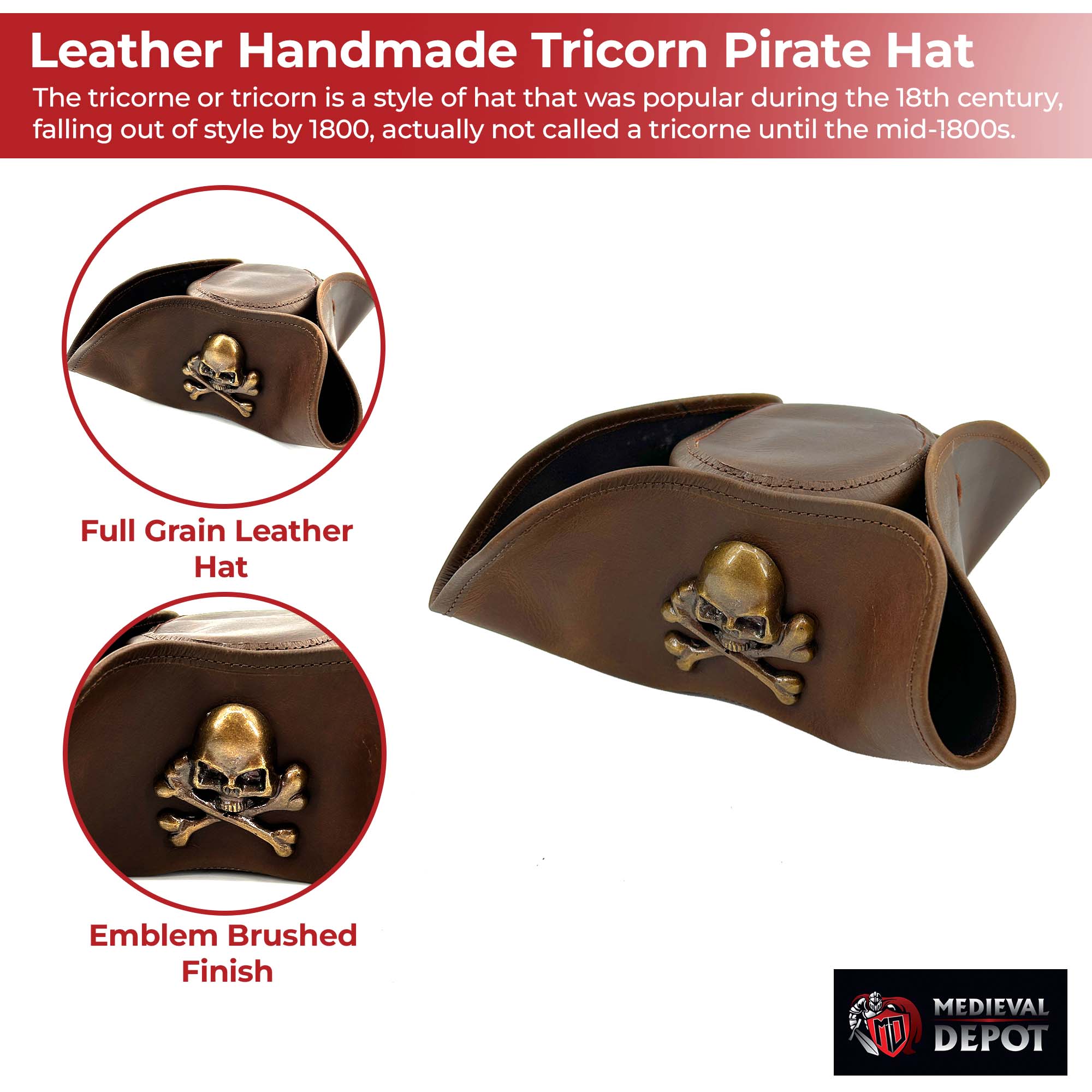 Real Leather Handmade Tricorn Pirate Hat historical period - Tophatter Daily Deals