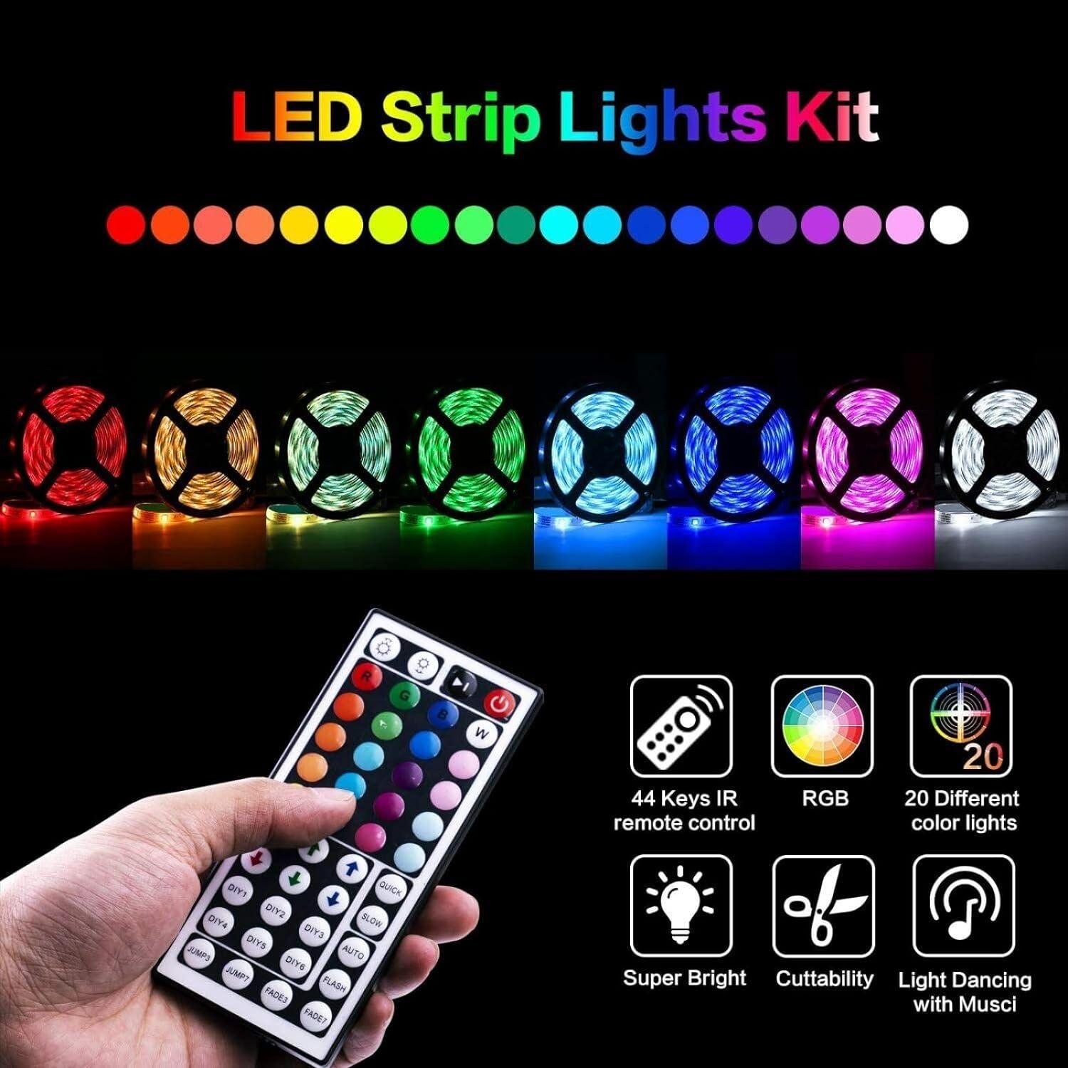 RGB LED Strip Light - 1-20M LED Strip Lights 5050 RGB Colour Changing Tape Cabinet Kitchen TV Lighting Indoor/Outdoor Decor LED Strip Light with 44 Key Remote Home - Tophatter Daily Deals