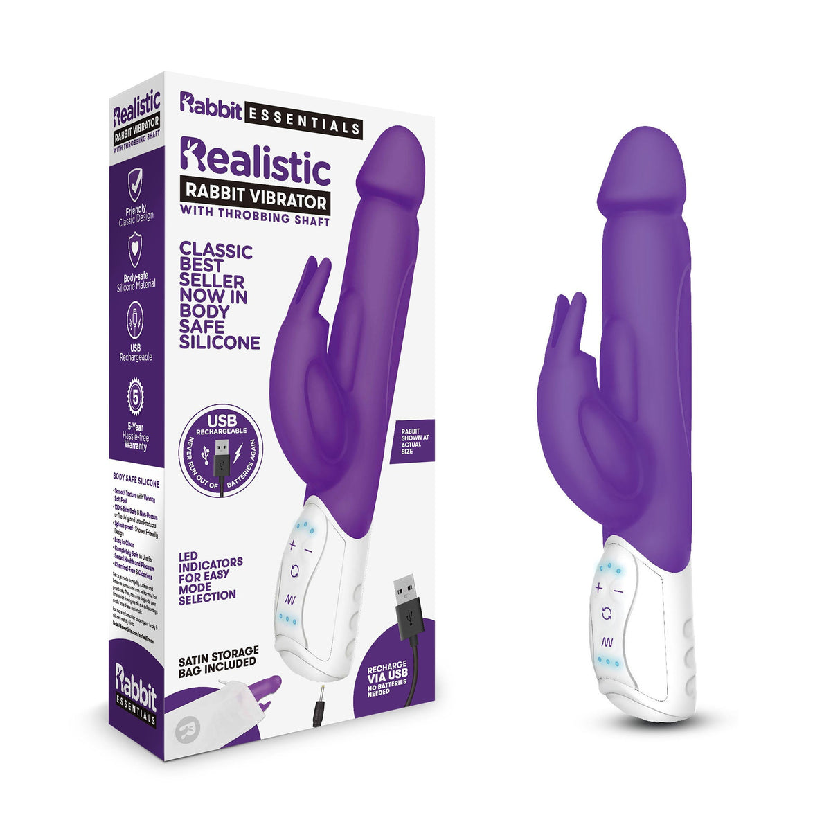 Rabbit Essentials Realistic Rabbit Vibrator Hot Purple with Body-Safe Silicone and Ergonomic Design > Vibrators > Ladies > Rabbit Multi - Tophatter Daily Deals