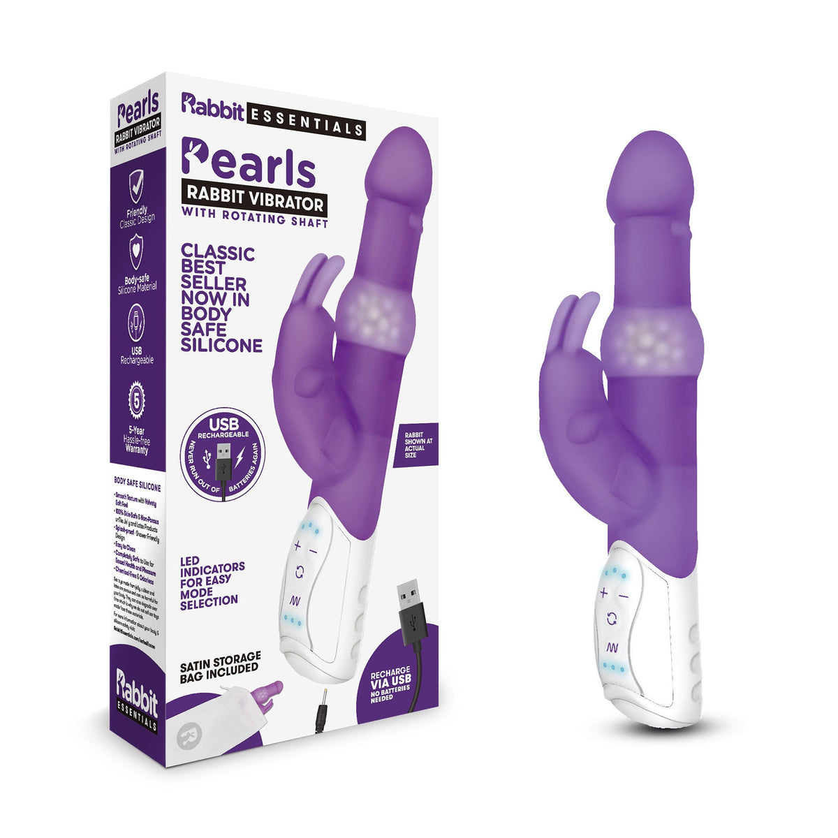 Rabbit Essentials Pleasure Pearls Rabbit Vibrator Purple with Body-Safe Silicone and LED Display > Vibrators > Ladies > Rabbit Multi - Tophatter Daily Deals