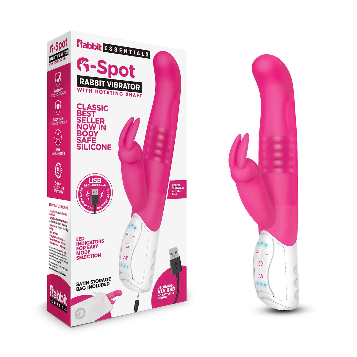 Rabbit Essentials G-Spot Rabbit Vibrator Hot Pink with Rotating Shaft and Charging > Vibrators > Ladies > Rabbit Multi - Tophatter Daily Deals