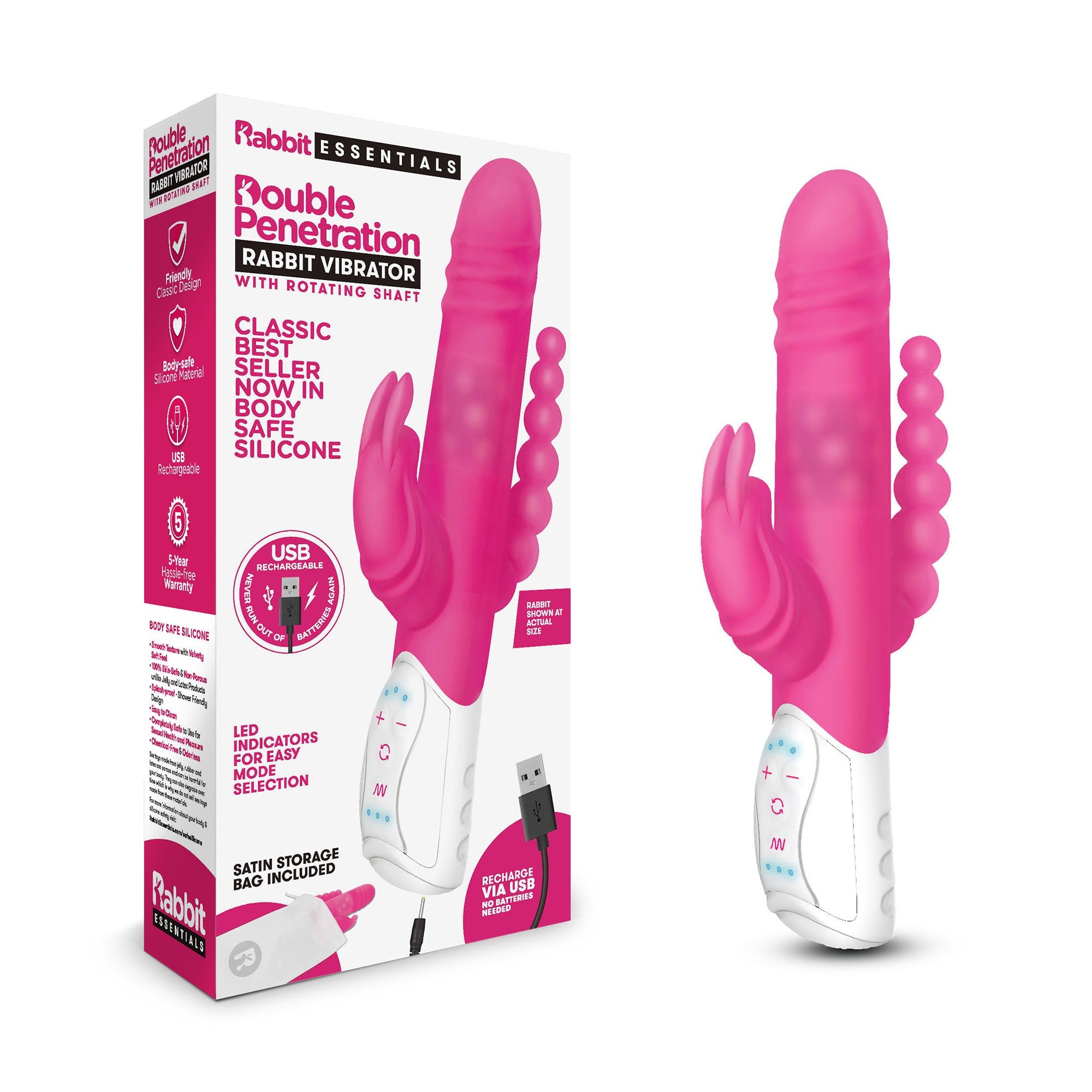 Rabbit Essentials Double Penetration Rabbit Vibrator Hot Pink Silicone Rechargeable > Vibrators > Ladies > Rabbit Multi - Tophatter Daily Deals