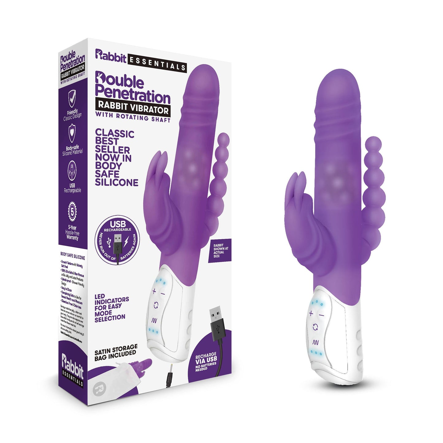 Rabbit Essentials Double Penetration Rabbit Vibrator in Purple with Rotating Beads and Body-Safe Silicone > Vibrators > Ladies > Rabbit Multi - Tophatter Daily Deals