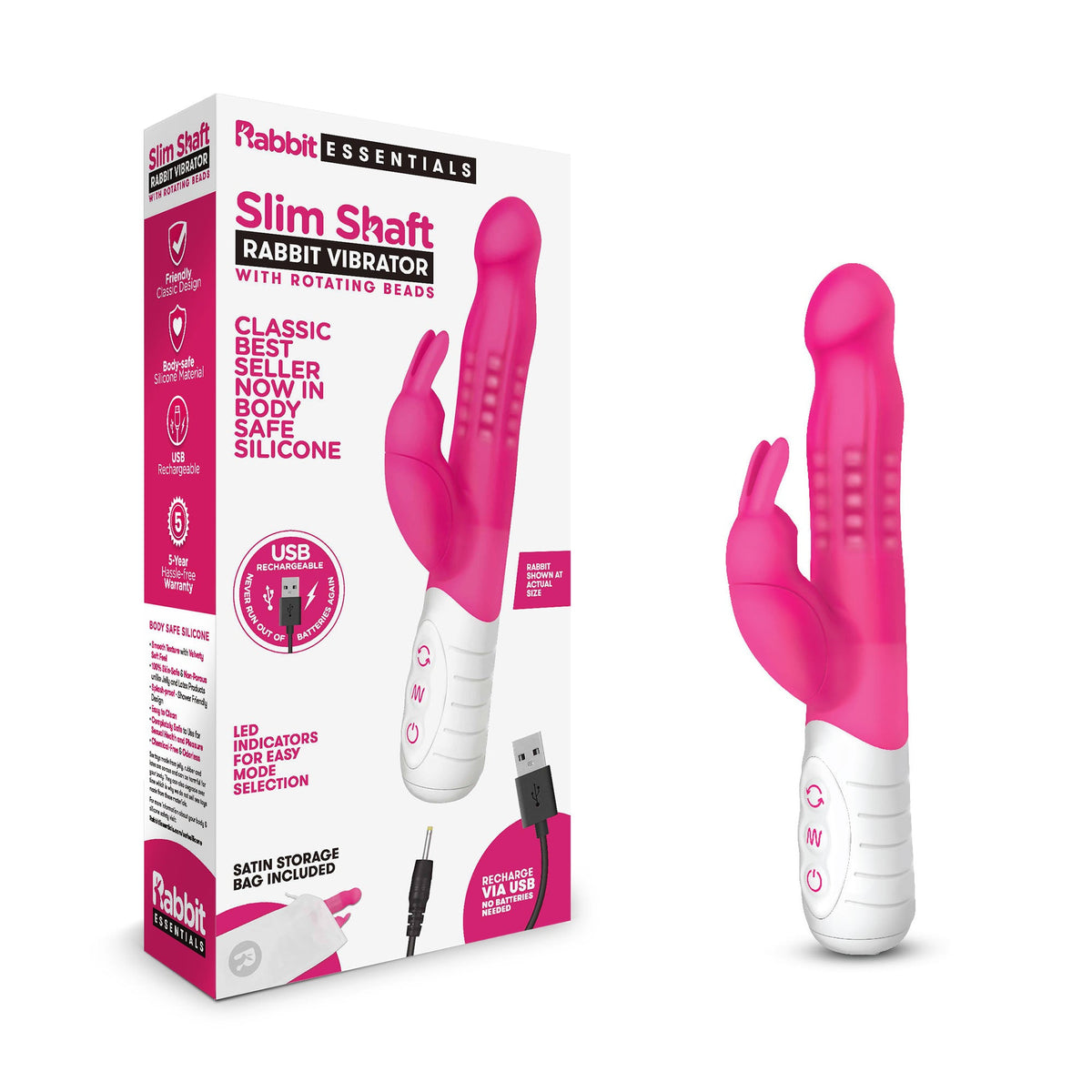 Rabbit Essentials Slim Shaft Rabbit Vibrator – Hot Pink, Body-Safe Silicone, Rechargeable > Vibrators > Ladies > Rabbit Multi - Tophatter Daily Deals