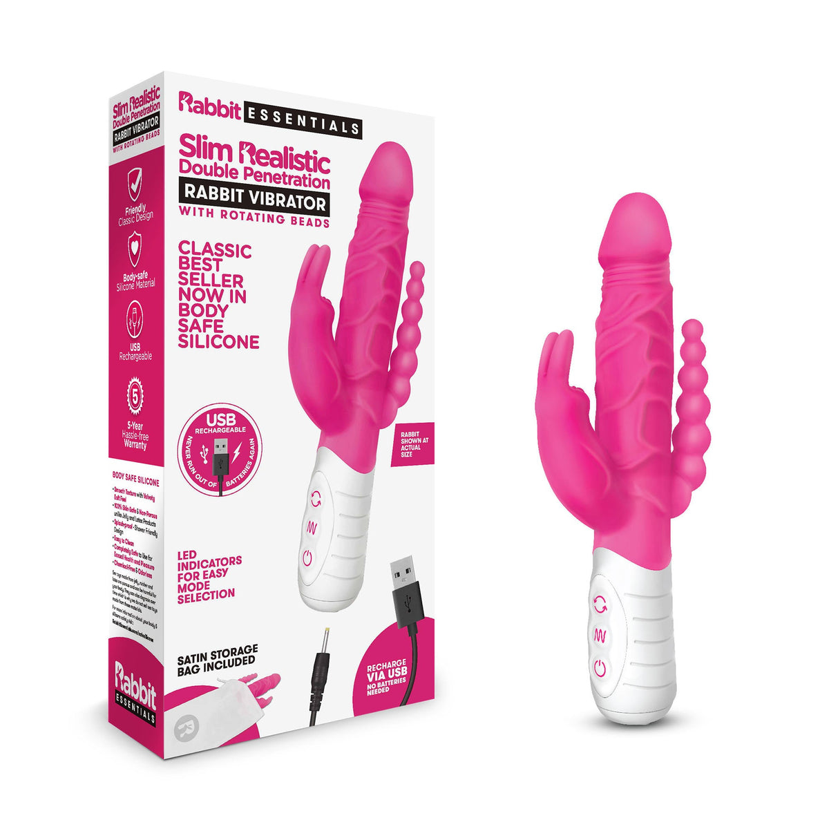 Rabbit Essentials Slim Double Penetration Rabbit Vibrator with Rotating Beads Silicone Pink > Vibrators > Ladies > Rabbit Multi - Tophatter Daily Deals