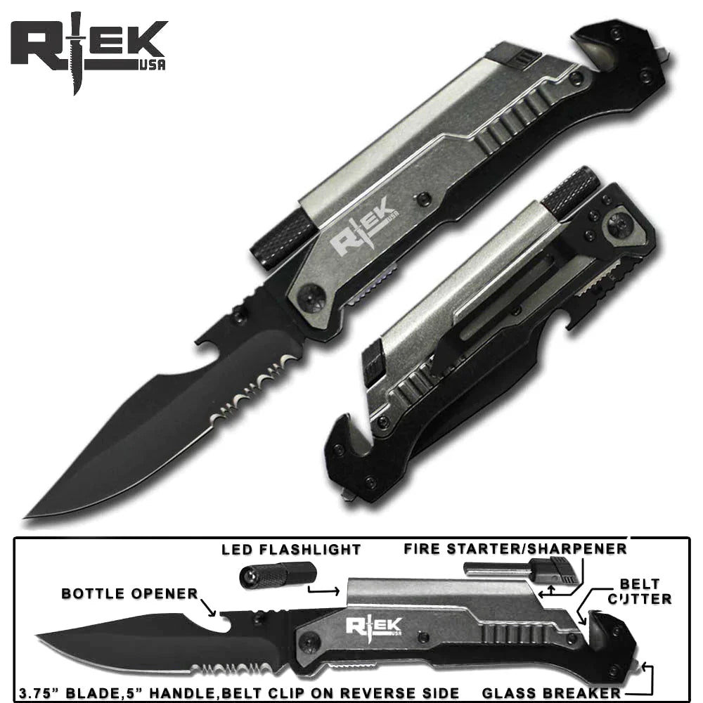 RTEK 5" GREY TACTICAL ASSIST OPEN POCKET KNIFE WITH LED LIGHT - Tophatter Daily Deals