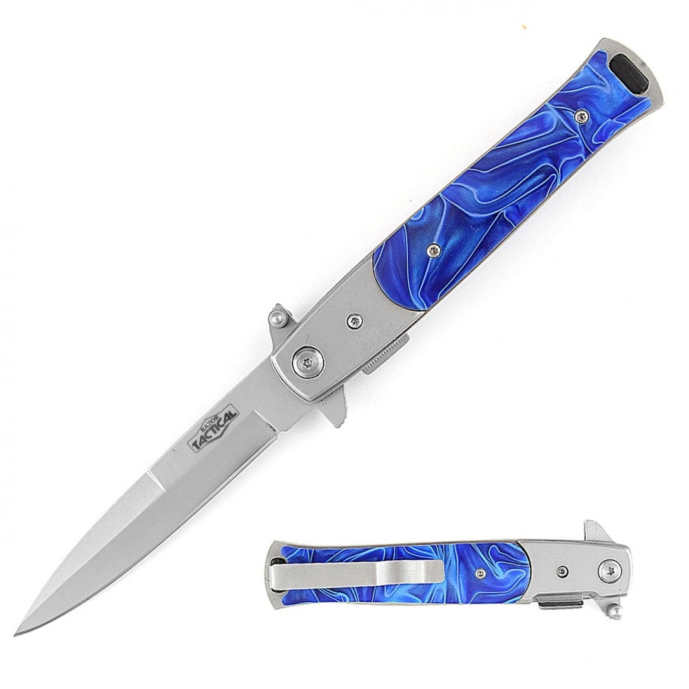 9" Italian Stiletto Tactical Spring Assisted Open Pocket Knife Blue Pearl - Tophatter's Guns'N'Weapons Store Collectible Weapons - Tophatter Daily Deals