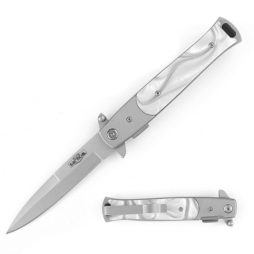 9" Italian Stiletto Tactical Spring Assisted Open Pocket Knife White Pearl - Tophatter's Guns'N'Weapons Store Collectible Weapons - Tophatter Daily Deals