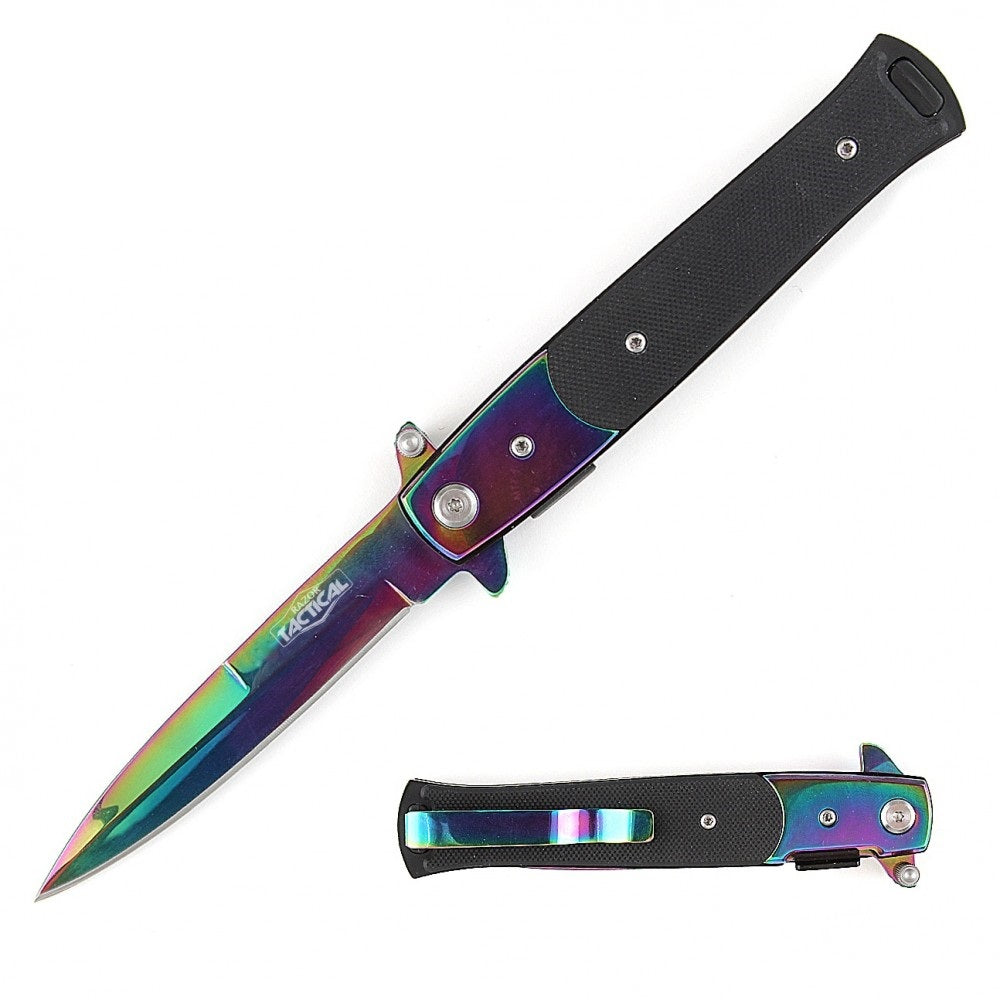 9" Italian Stiletto Tactical Spring Assisted Open Pocket Knife Rainbow Collectible Weapons - Tophatter Daily Deals