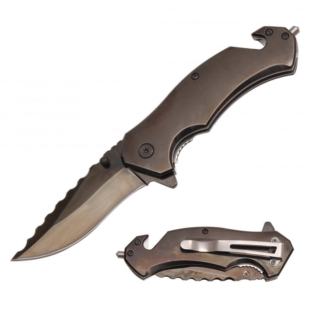 8" Black Titanium Spring Assisted Rescue Tactical Folding Knife - Tophatter's Guns'N'Weapons Store Collectible Weapons - Tophatter Daily Deals