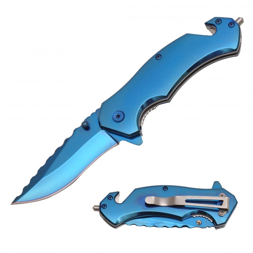 8" Blue Titanium Spring Assisted Rescue Tactical Folding Knife - Tophatter's Guns'N'Weapons Store Collectible Weapons - Tophatter Daily Deals