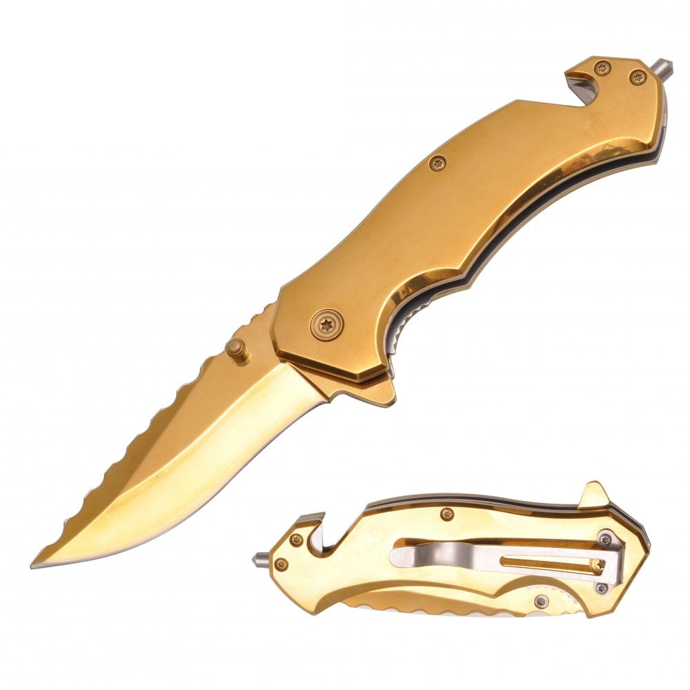 8" Gold Titanium Spring Assisted Rescue Tactical Folding Knife - TOPHATTER'S ARMORY DEALS Collectible Weapons - Tophatter Daily Deals