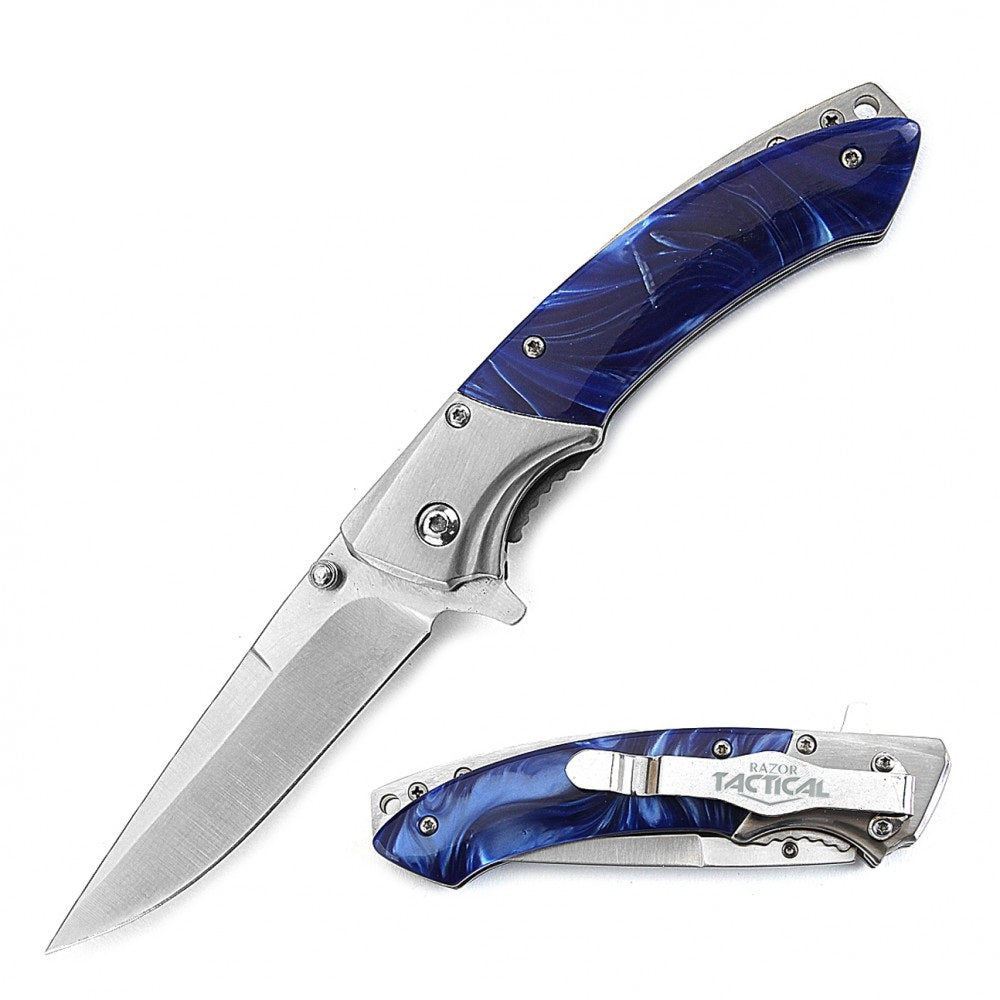 4.5 Inch Closed Slimline Spring Assist Knife Blue Pearl Handle Collectible Weapons - Tophatter Daily Deals