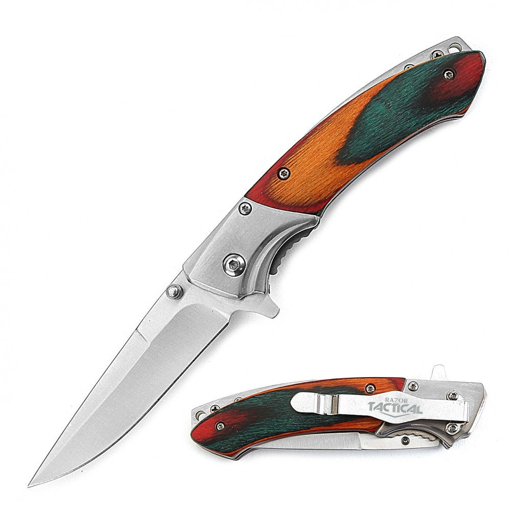 4.5 Inch Closed Slimline Spring Assist Knife Color Wood Handle Collectible Weapons - Tophatter Daily Deals