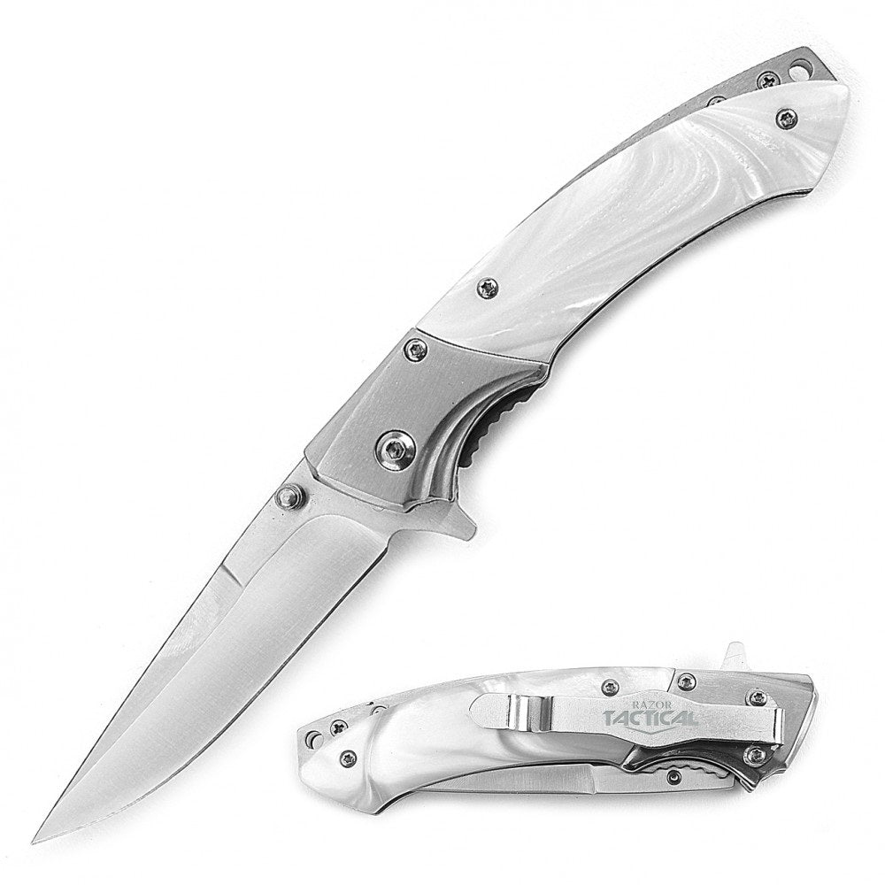 4.5 Inch Closed Slimline Spring Assist Knife White Pearl Handle - Tophatter's Guns'N'Weapons Store - FREE SHIPPING Collectible Weapons - Tophatter Daily Deals