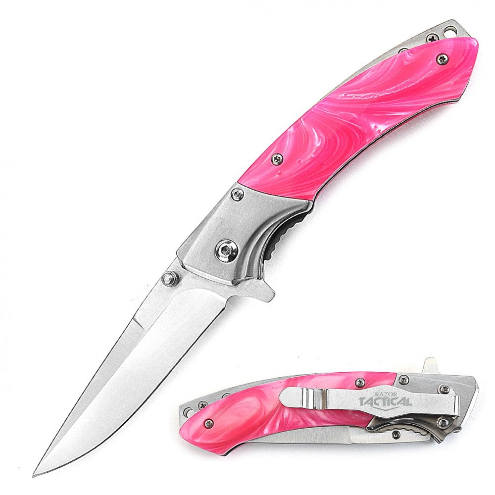 4.5 Inch Closed Slimline Spring Assist Knife Pink Pearl Handle Collectible Weapons - Tophatter Daily Deals