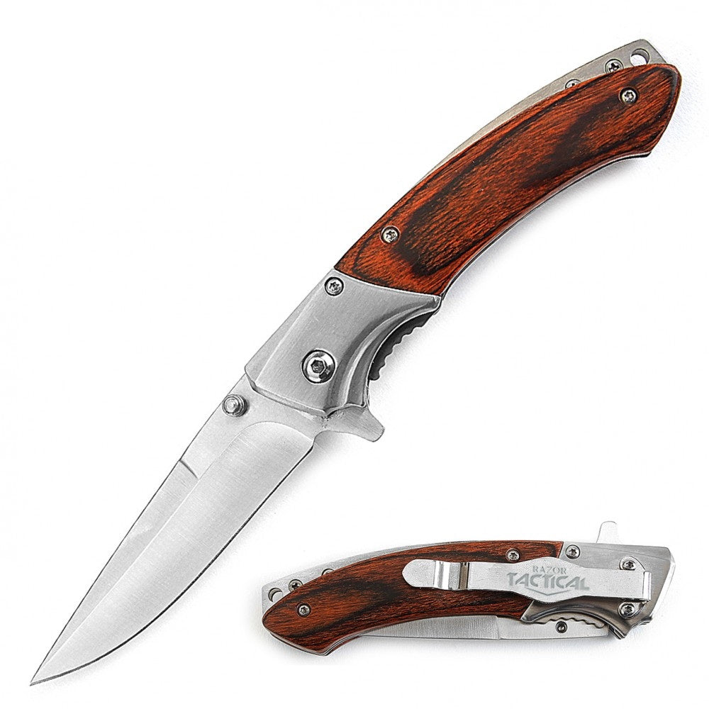 4.5 Inch Closed Slimline Spring Assist Knife Wood Handle Collectible Weapons - Tophatter Daily Deals