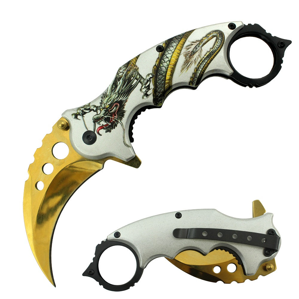 Golden Blade Dragon Karambit Tactical Spring Assist Knife With Finger Ring - TOPHATTER'S ARMORY DEALS Collectible Weapons - Tophatter Daily Deals