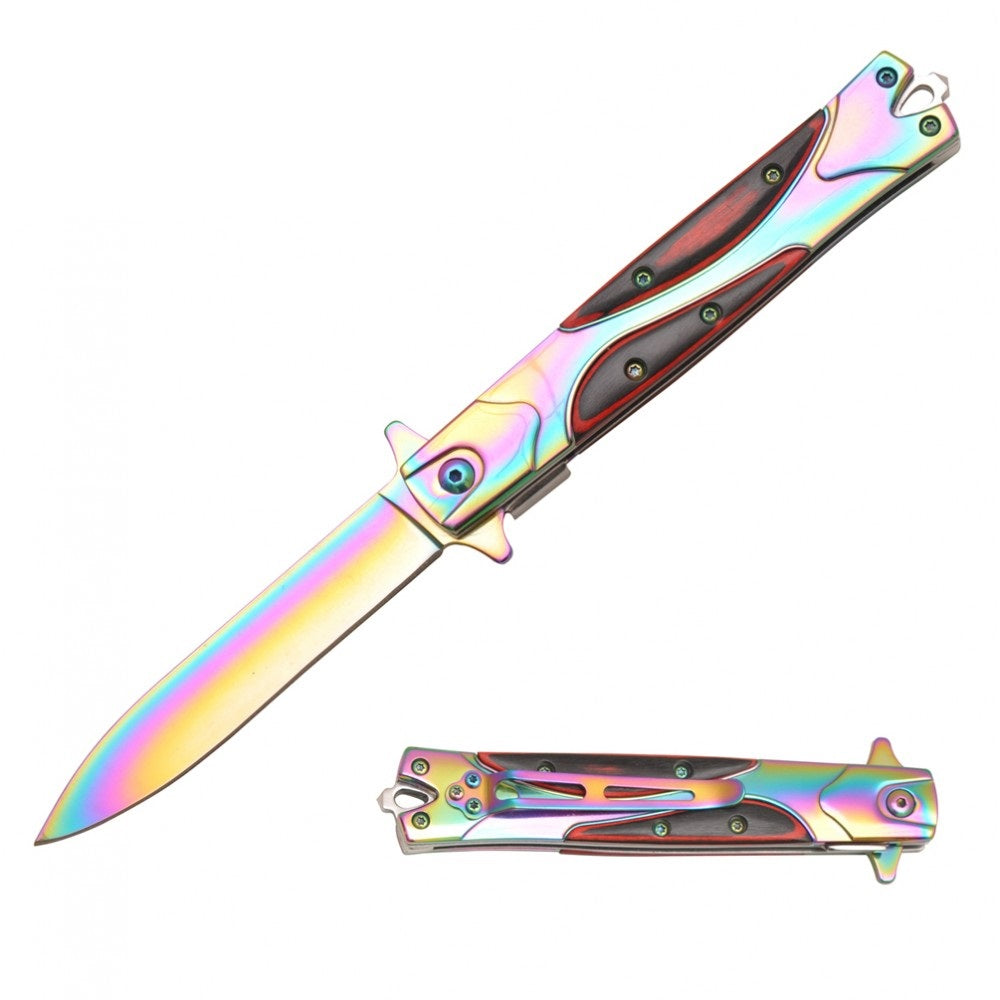 Rainbow Stiletto Style Spring Assisted Knife - Black Handle - TOPHATTER'S ARMORY DEALS Collectible Weapons - Tophatter Daily Deals