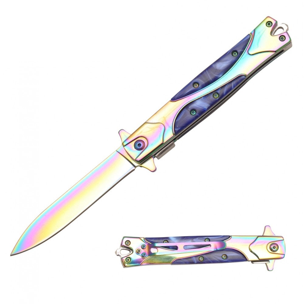 Rainbow Stiletto Style Spring Assisted Knife - Blue Pearl Handle - TOPHATTER'S ARMORY DEALS Collectible Weapons - Tophatter Daily Deals