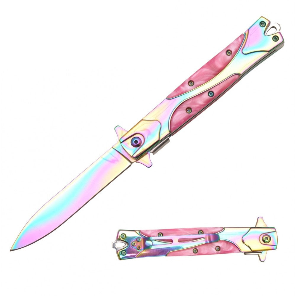 Rainbow Stiletto Style Spring Assisted Knife - Pink Pearl Handle - TOPHATTER'S ARMORY DEALS Collectible Weapons - Tophatter Daily Deals