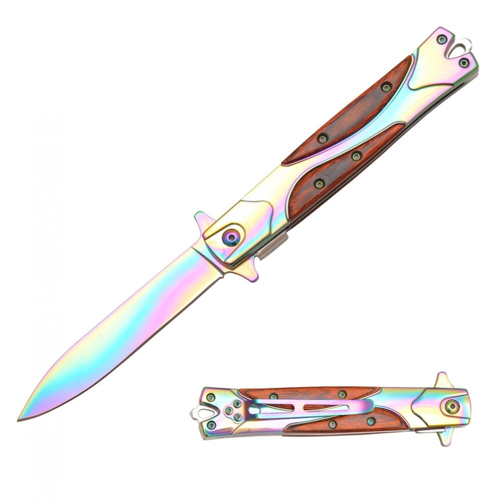 Rainbow Stiletto Style Spring Assisted Knife - Wood Handle - TOPHATTER'S ARMORY DEALS Collectible Weapons - Tophatter Daily Deals