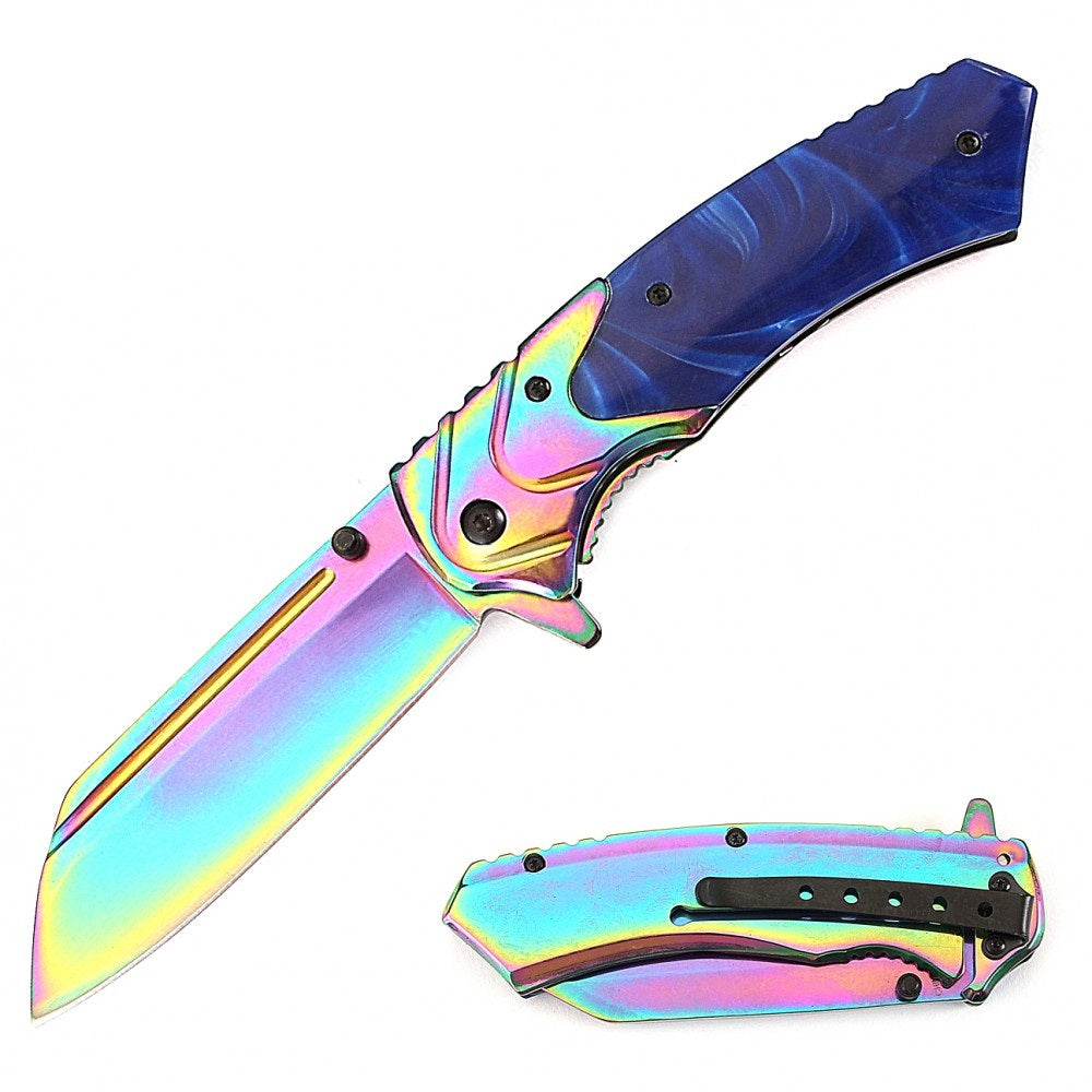 8" Classic Blue Pearl Handle Assisted Open Pocket Knife Cleaver Blade Collectible Weapons - Tophatter Daily Deals