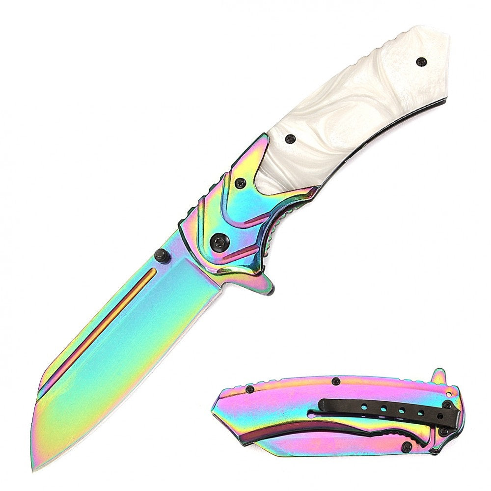 8" Classic White Pearl Handle Assisted Open Pocket Knife Cleaver Blade - TOPHATTER'S ARMORY DEALS Collectible Weapons - Tophatter Daily Deals