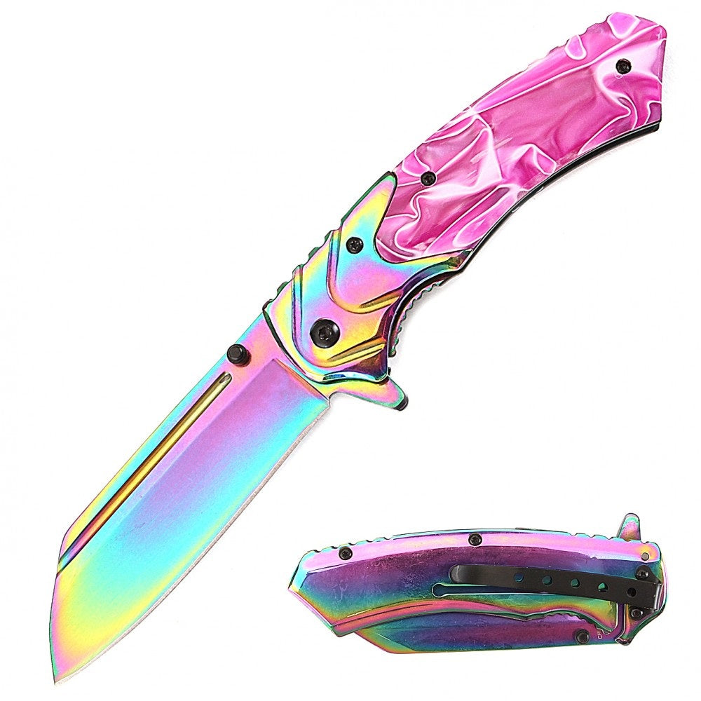 8" Classic Pink Pearl Handle Assisted Open Pocket Knife Cleaver Blade Collectible Weapons - Tophatter Daily Deals