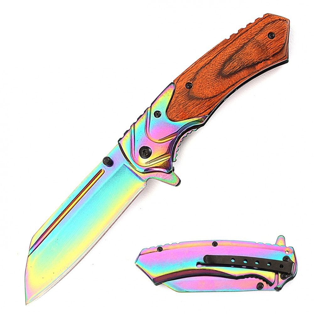 8" Classic Wood Handle Assisted Open Pocket Knife Cleaver Blade Collectible Weapons - Tophatter Daily Deals