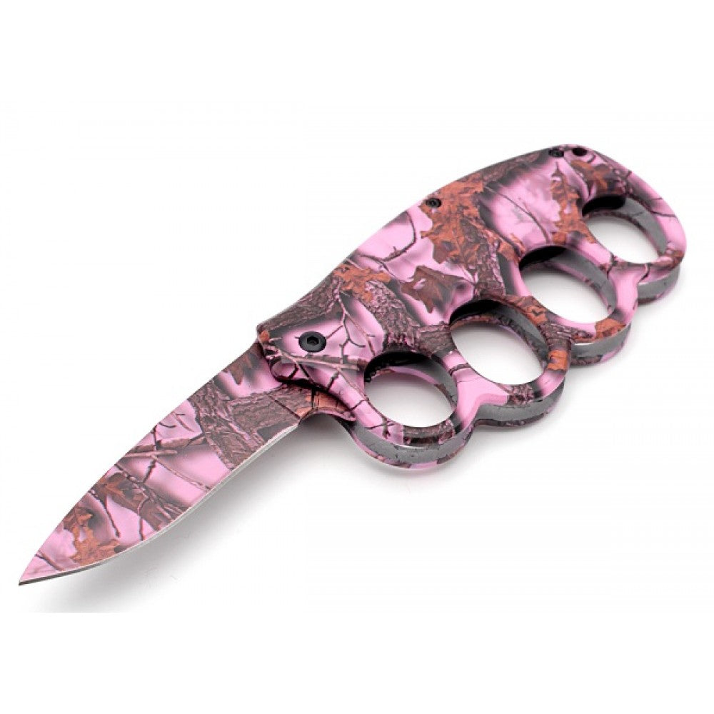 Pink Camo Knuckle Guard Defense Blade Spring Assist Folding Knife - TOPHATTER'S ARMORY DEALS Collectible Weapons - Tophatter Daily Deals