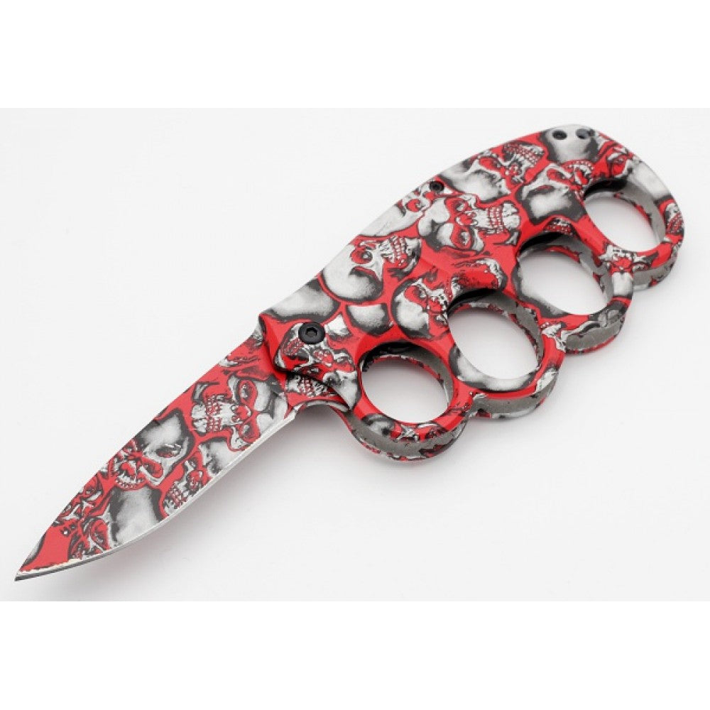Red Skulls Knuckle Guard Defense Blade Spring Assist Folding Knife Collectible Weapons - Tophatter Daily Deals