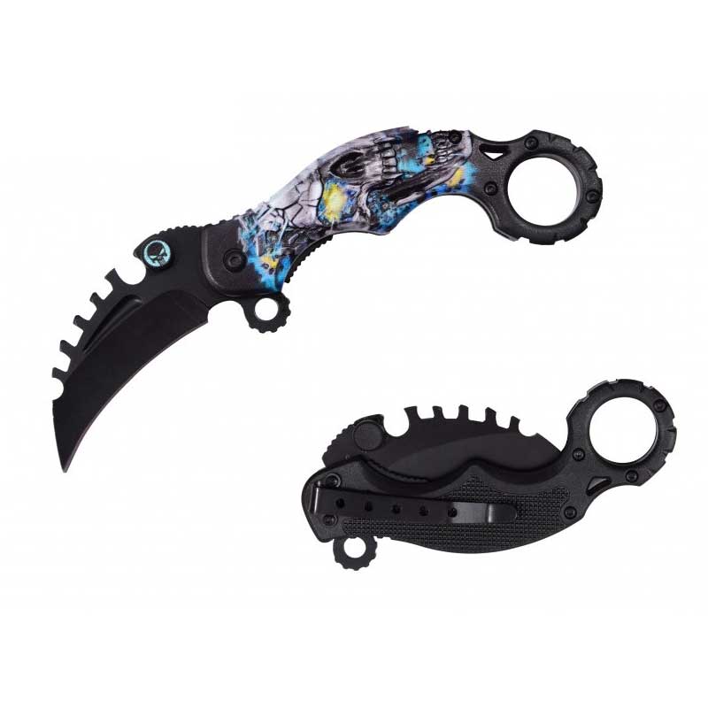 Blue Skull Karambit Reverse Sawblade Spring Assist Folding Pocket Knife - TOPHATTER'S ARMORY DEALS Collectible Weapons - Tophatter Daily Deals