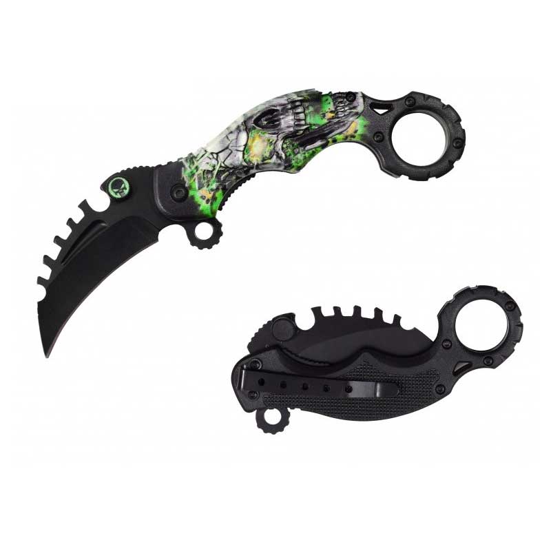 Green Skull Karambit Reverse Sawblade Spring Assist Folding Pocket Knife - TOPHATTER'S ARMORY DEALS Collectible Weapons - Tophatter Daily Deals